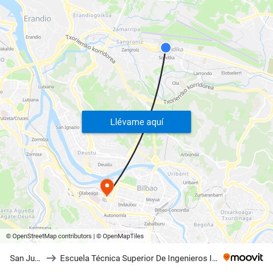 San Juan (840) to Escuela Técnica Superior De Ingenieros Industriales De Bilbao - Edificio C map