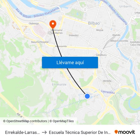 Errekalde-Larraskitu / Fte. Polideportivo to Escuela Técnica Superior De Ingenieros Industriales De Bilbao - Edificio C map