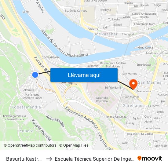 Basurtu-Kastrexana / Fte. Altamira to Escuela Técnica Superior De Ingenieros Industriales De Bilbao - Edificio C map