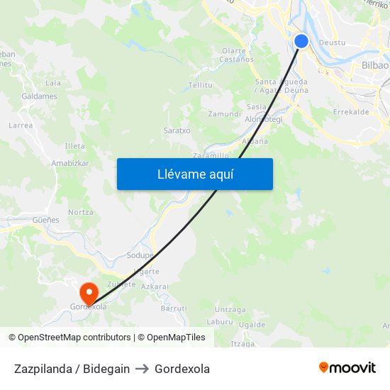 Zazpilanda / Bidegain to Gordexola map