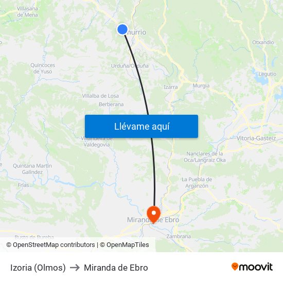 Izoria (Olmos) to Miranda de Ebro map