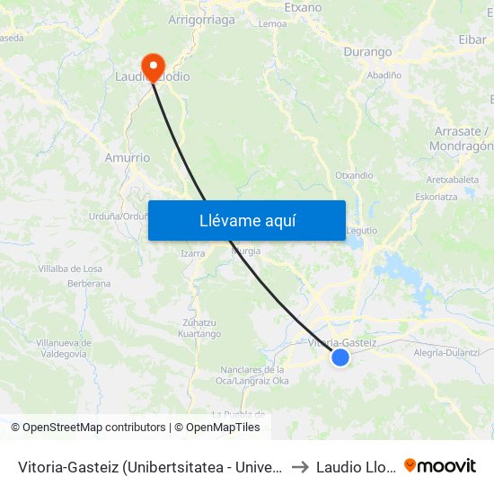 Vitoria-Gasteiz (Unibertsitatea - Universidad) to Laudio Llodio map