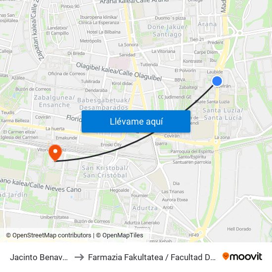 Jacinto Benavente 2 to Farmazia Fakultatea / Facultad De Farmacia map
