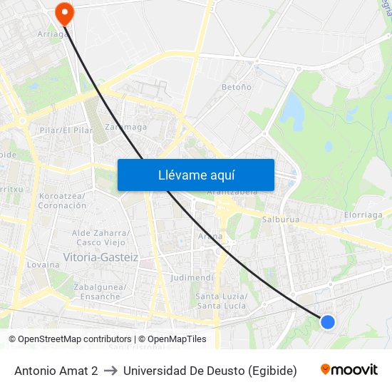 Antonio Amat 2 to Universidad De Deusto (Egibide) map