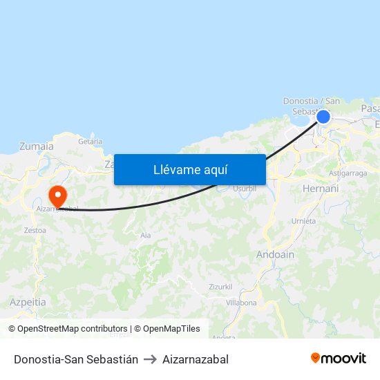Donostia-San Sebastián to Aizarnazabal map