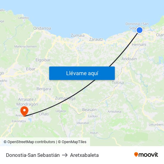 Donostia-San Sebastián to Aretxabaleta map