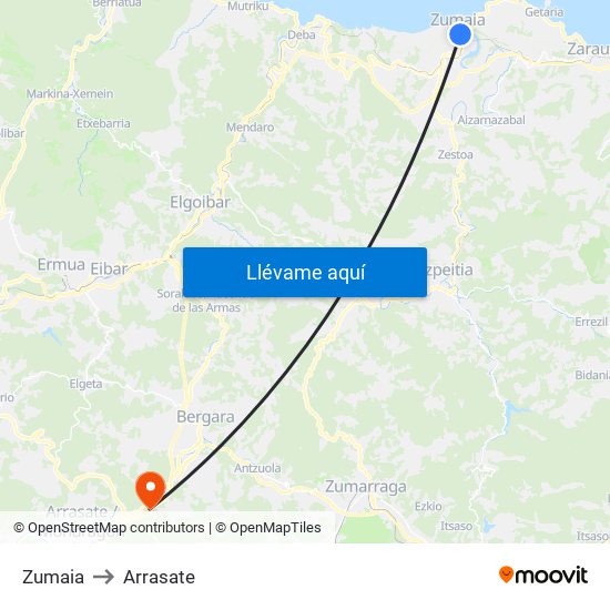 Zumaia to Arrasate map