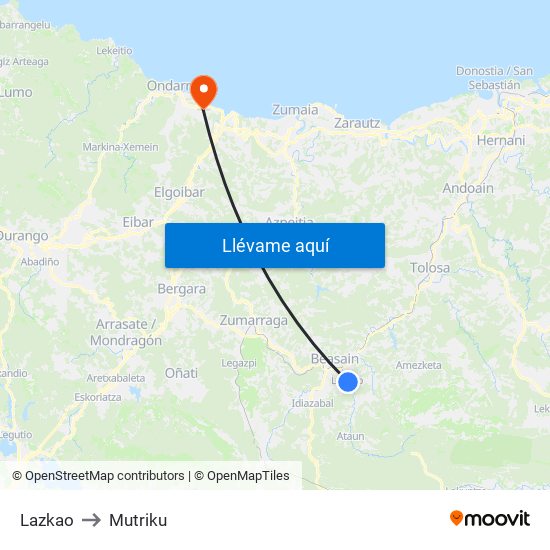 Lazkao to Mutriku map