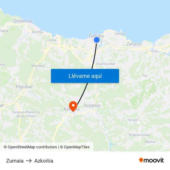 Zumaia to Azkoitia map