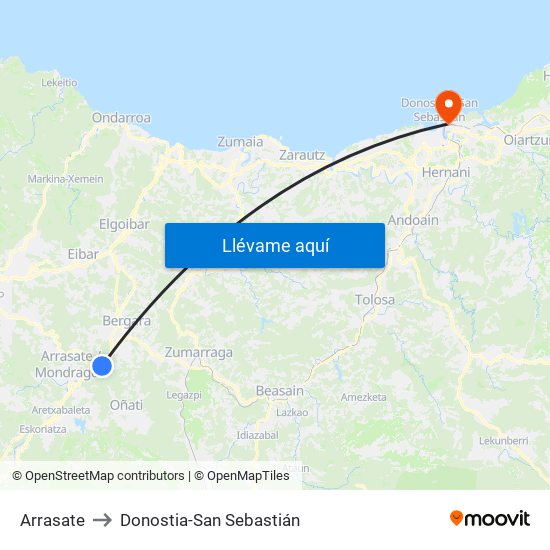 Arrasate to Donostia-San Sebastián map