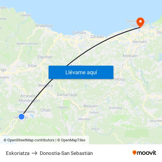 Eskoriatza to Donostia-San Sebastián map
