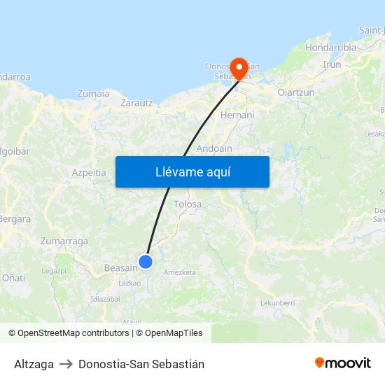 Altzaga to Donostia-San Sebastián map
