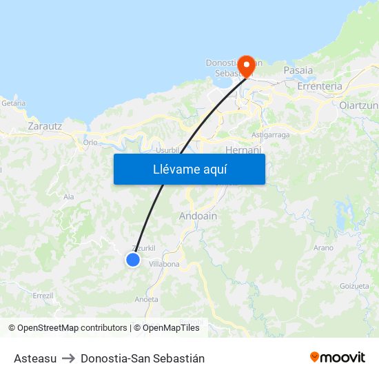 Asteasu to Donostia-San Sebastián map