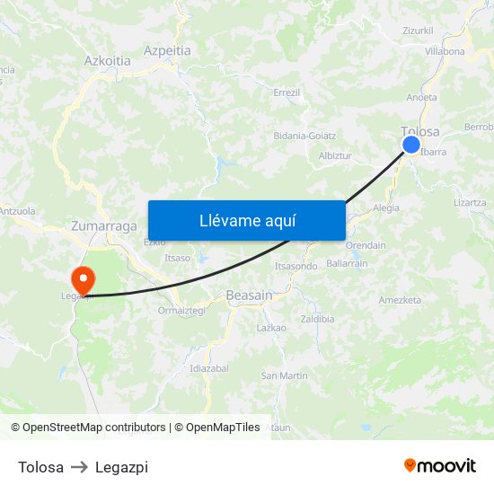 Tolosa to Legazpi map