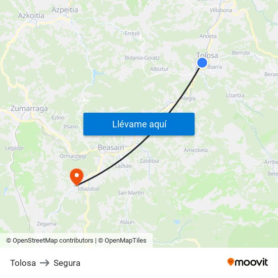 Tolosa to Segura map