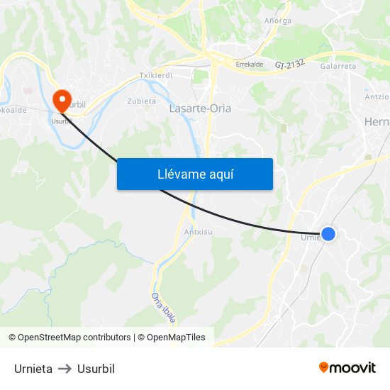Urnieta to Usurbil map