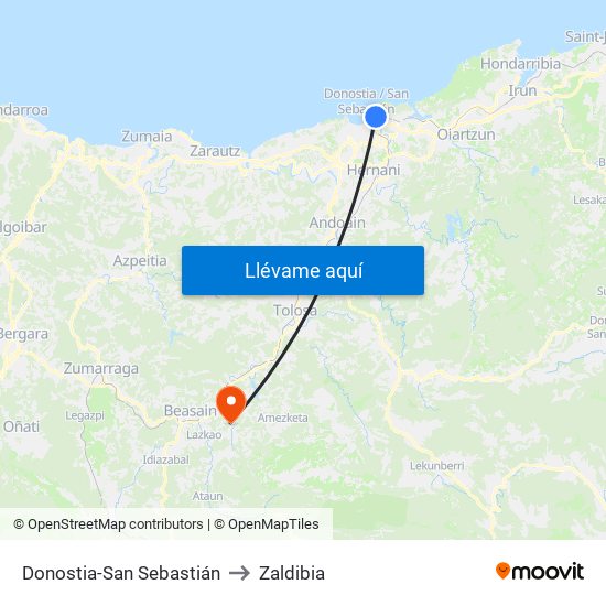 Donostia-San Sebastián to Zaldibia map