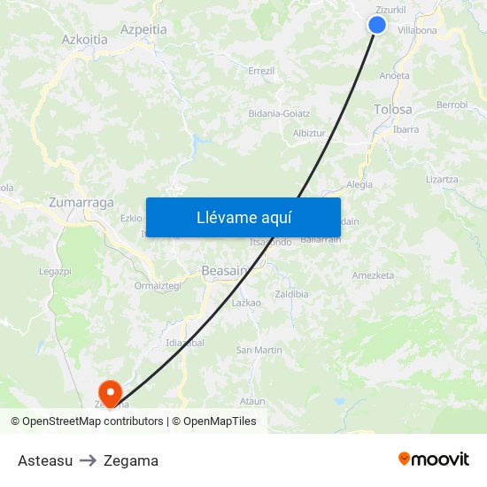 Asteasu to Zegama map
