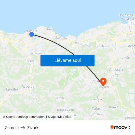 Zumaia to Zizurkil map