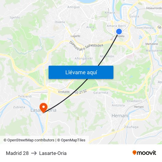 Madrid 28 to Lasarte-Oria map