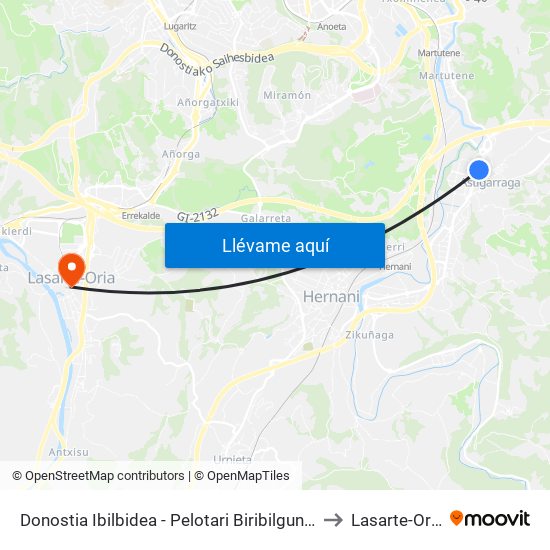 Donostia Ibilbidea - Pelotari Biribilgunea to Lasarte-Oria map