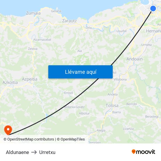 Aldunaene to Urretxu map