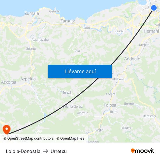 Loiola-Donostia to Urretxu map