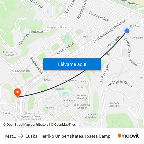 Matia to Euskal Herriko Unibertsitatea, Ibaeta Campusa map