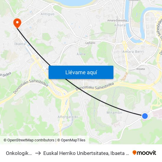 Onkologikoa II to Euskal Herriko Unibertsitatea, Ibaeta Campusa map