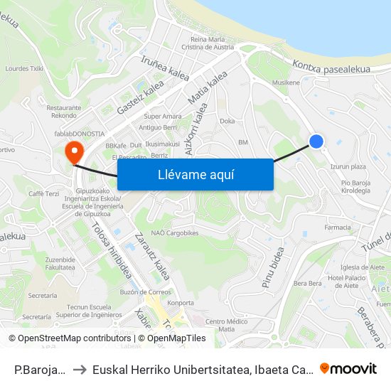 P.Baroja 10 to Euskal Herriko Unibertsitatea, Ibaeta Campusa map