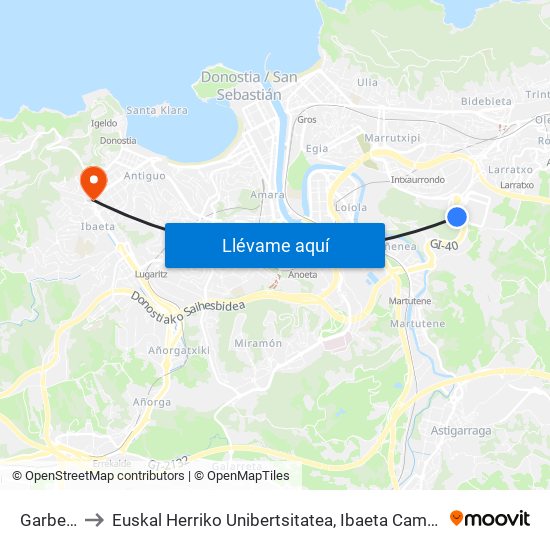 Garbera to Euskal Herriko Unibertsitatea, Ibaeta Campusa map