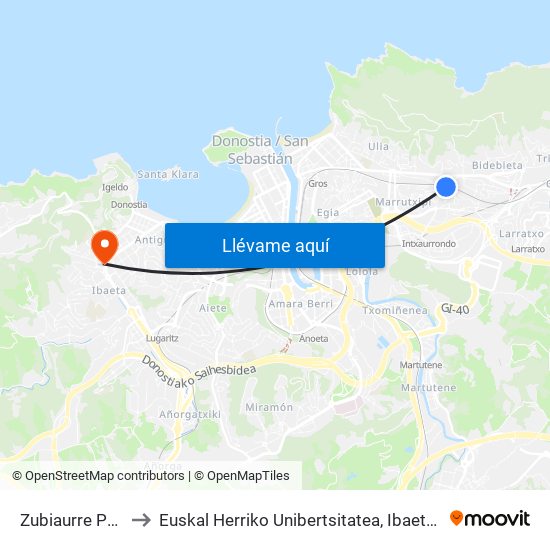 Zubiaurre Puente to Euskal Herriko Unibertsitatea, Ibaeta Campusa map