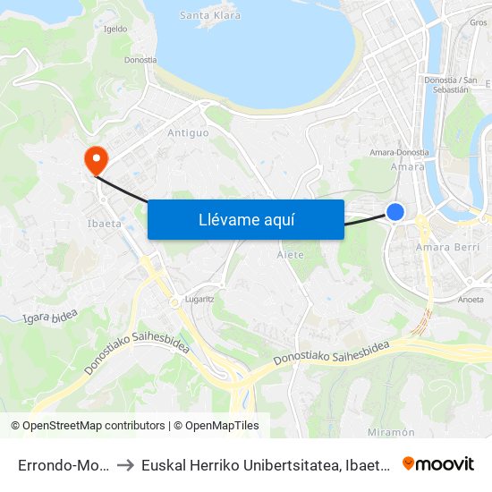 Errondo-Morlans to Euskal Herriko Unibertsitatea, Ibaeta Campusa map