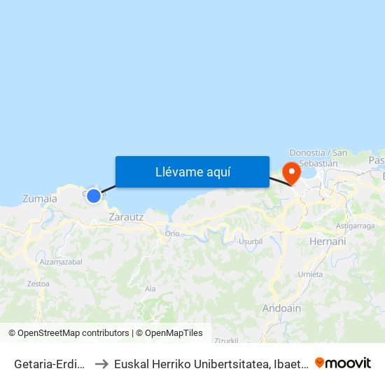 Getaria-Erdigunea to Euskal Herriko Unibertsitatea, Ibaeta Campusa map