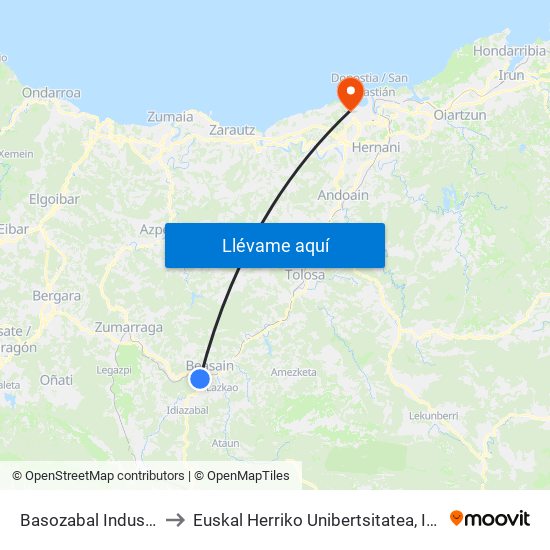 Basozabal Industrialdea 3 to Euskal Herriko Unibertsitatea, Ibaeta Campusa map