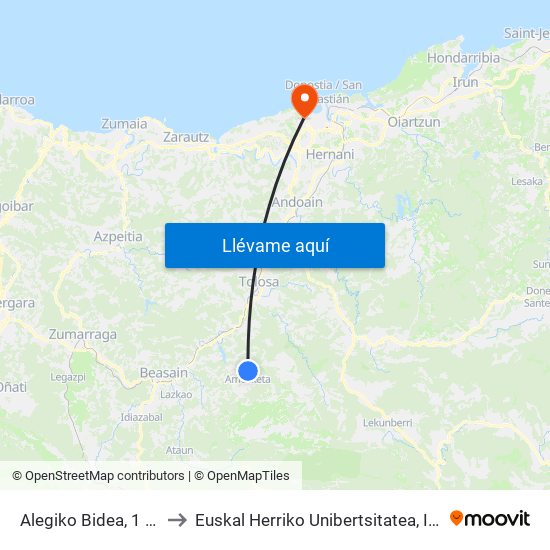 Alegiko Bidea, 1 - Zubilaga to Euskal Herriko Unibertsitatea, Ibaeta Campusa map