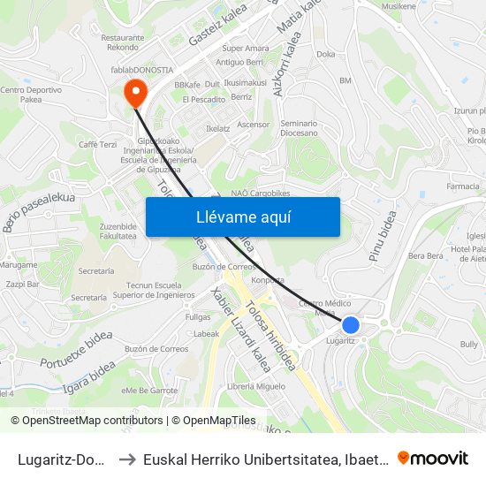 Lugaritz-Donostia to Euskal Herriko Unibertsitatea, Ibaeta Campusa map
