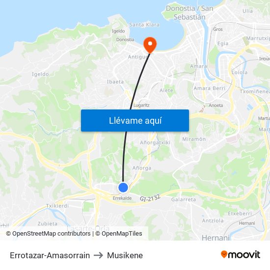 Errotazar-Amasorrain to Musikene map