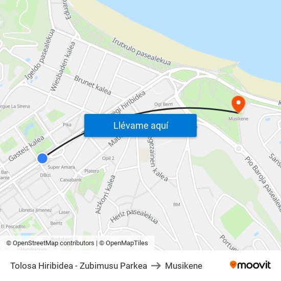 Tolosa Hiribidea - Zubimusu Parkea to Musikene map