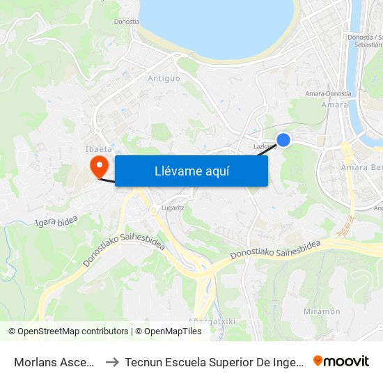 Morlans Ascensor to Tecnun Escuela Superior De Ingenieros map