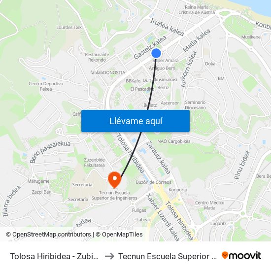 Tolosa Hiribidea - Zubimusu Parkea to Tecnun Escuela Superior De Ingenieros map