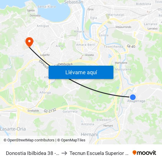 Donostia Ibilbidea 38 - Hezegunea to Tecnun Escuela Superior De Ingenieros map