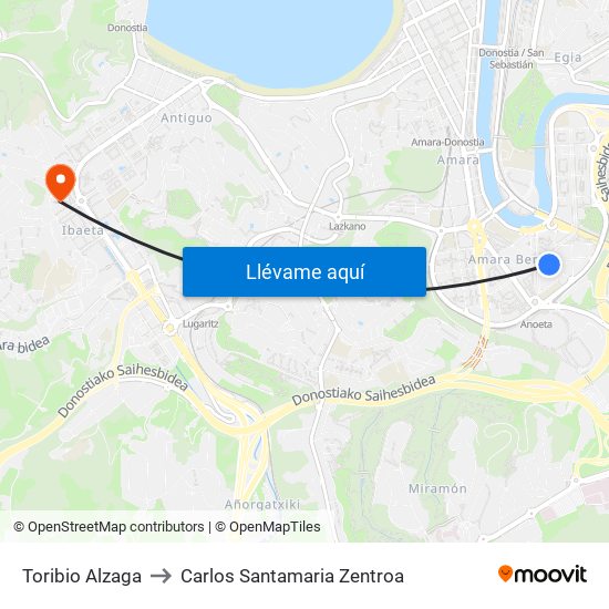Toribio Alzaga to Carlos Santamaria Zentroa map