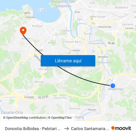 Donostia Ibilbidea - Pelotari Biribilgunea to Carlos Santamaria Zentroa map
