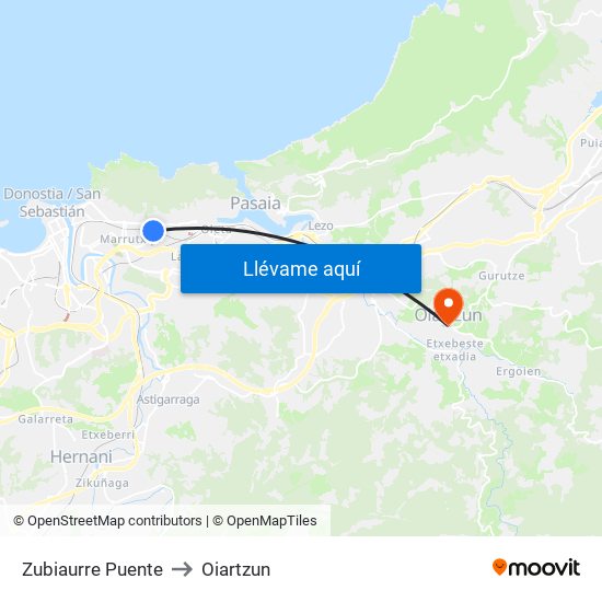 Zubiaurre Puente to Oiartzun map