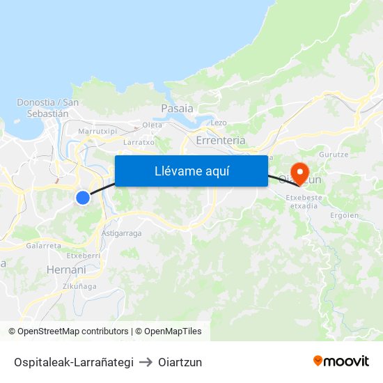 Ospitaleak-Larrañategi to Oiartzun map