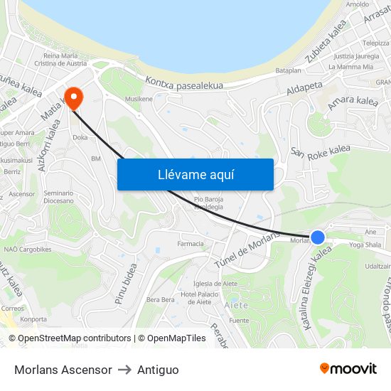 Morlans Ascensor to Antiguo map