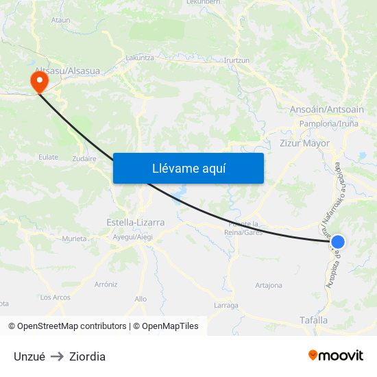 Unzué to Ziordia map