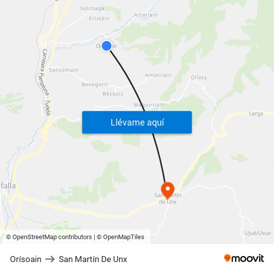 Orísoain to San Martín De Unx map