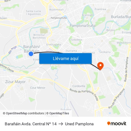 Barañáin Avda. Central Nº 14 to Uned Pamplona map